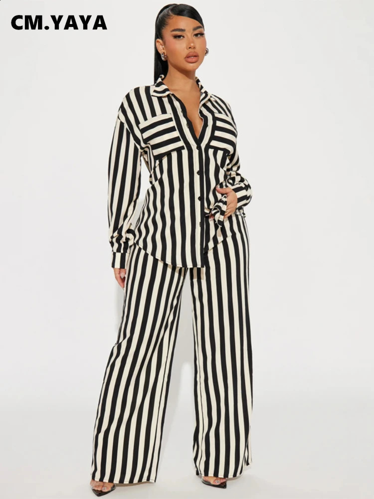 CM.YAYA Striped Womens Set Long Sleeve Pocket Shirt and Straight Wide Leg Pants Fashion Two 2 Piece Sets Outfit Tracksuit 240813