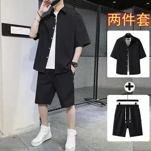 Japanese and Korean style short sleeved five point twopiece fashion summer young mens clothing 240812