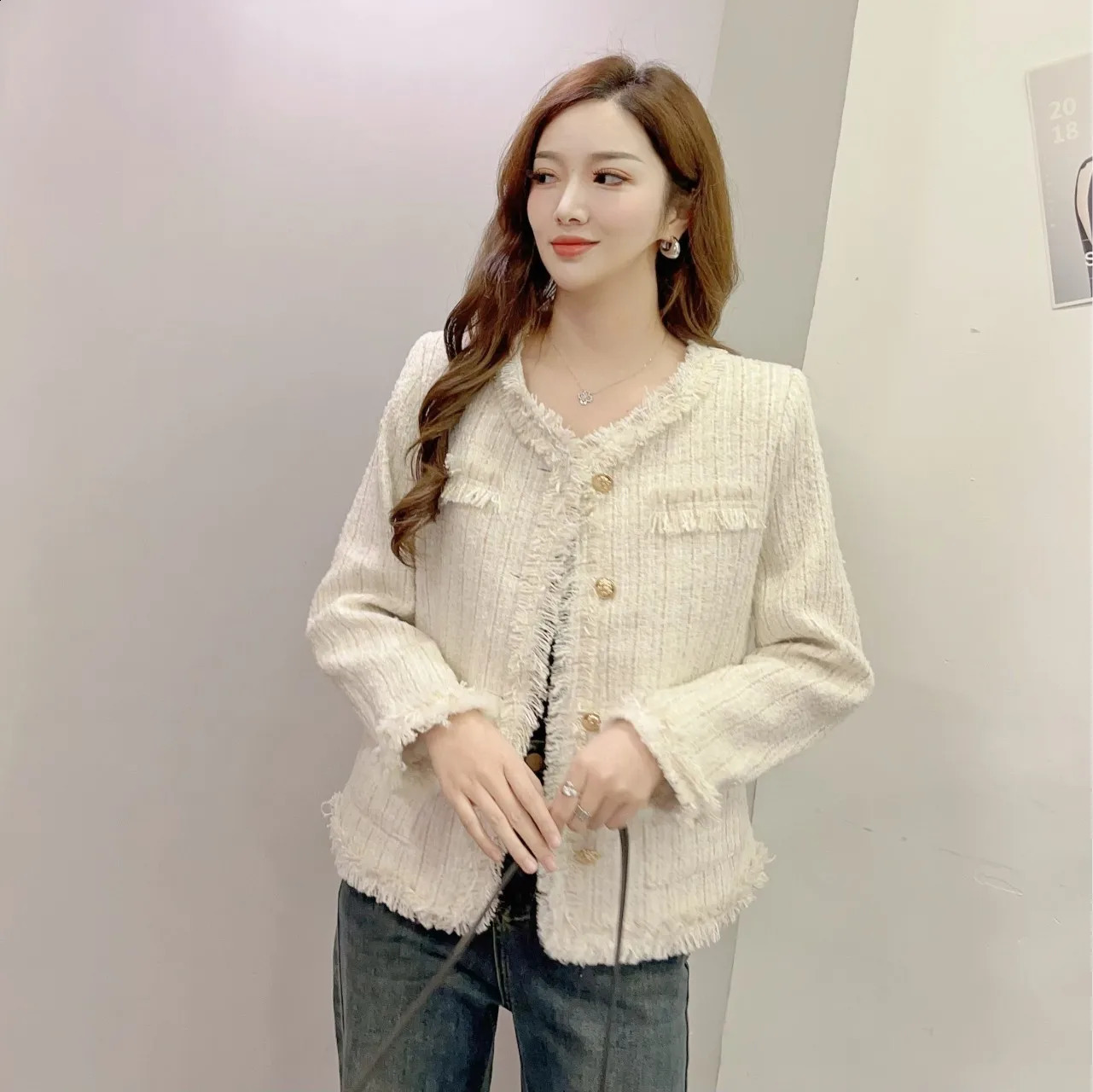 Women Elegant Long Sleeve Open Front Round Neck Fringed Plaid Tweed Jacket Korean Style Fashion Streetwear Mori Girl Coat 240812