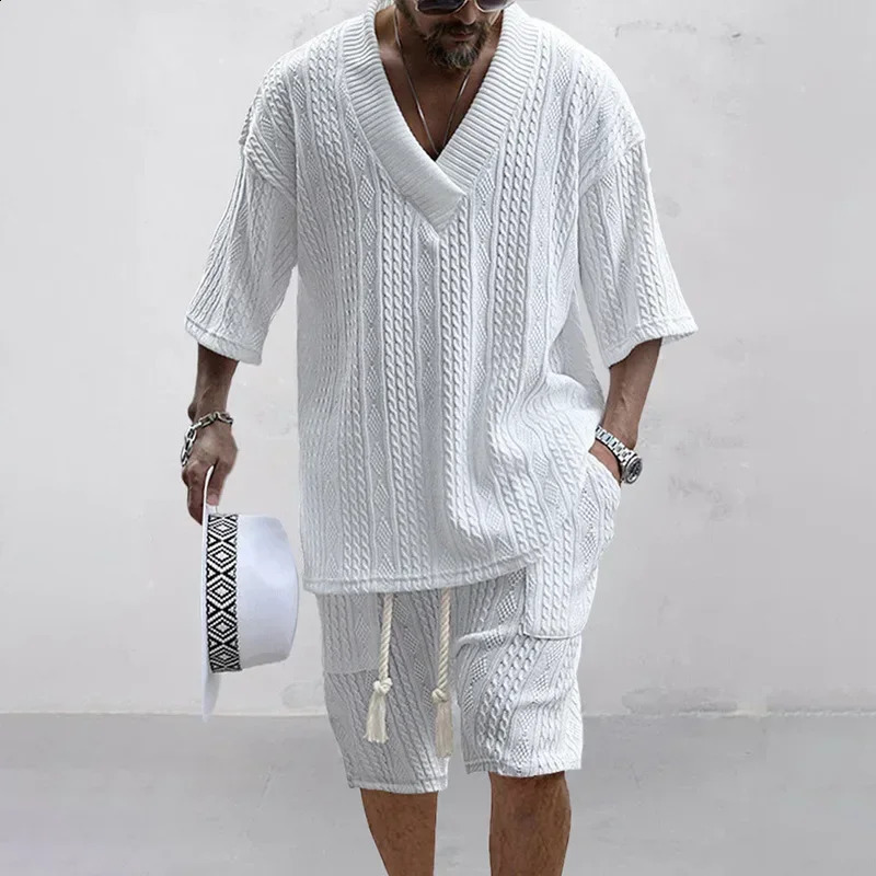 Summer Casual Shorts Set Knitted Two Piece Mens Vneck Short Sleeve Tshirt and Street Clothing 240812