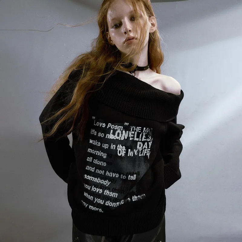 Karrcat Grunge Aesthetics Off Shoulder Pullover Vintage Gothic Graffiti Print Sweater Punk Slash Neck Knitwear American Retro 240812