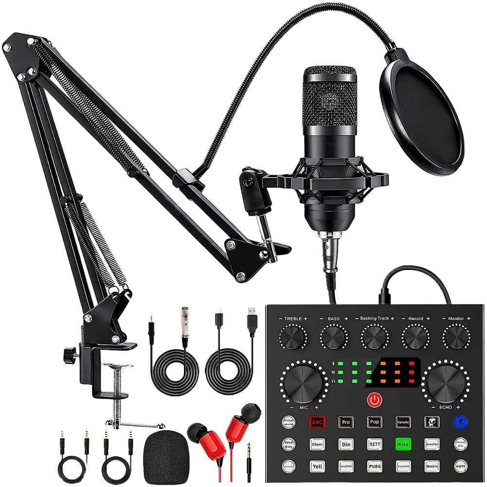 Podcast Equipment with BM800 Microphone and V8 Sound Card Double-Layer Pop Filter Perfect for Podcasting Gaming Music Recording CL240813