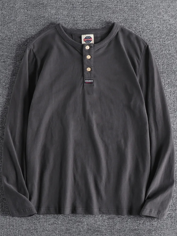 Autumn Japanese Retro Long Sleeve Henry Collar Solid Color T-shirt Mens Fashion Pure Cotton Washed Casual Tops 240812