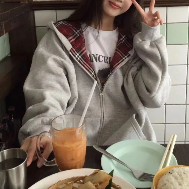 American Retro Harajuku Style Gray Red Plaid Zip Up Hoodie Sweatshirts Women Spring Autumn Loose Casual Y2k Kpop Streetwear Coat 240812