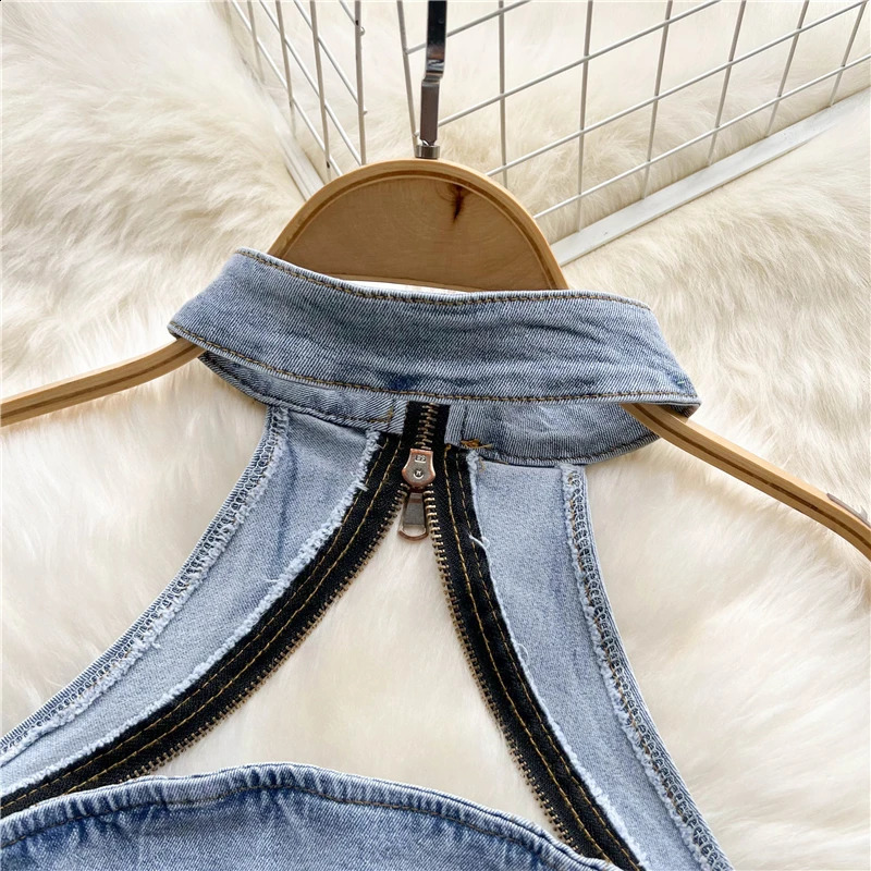 Sexy Women Summer Denim Jeans Halter Tops Mini Skirt Outfits Suits Backless Sashes Chic Style Bodycon High Waist Vestidos 240812