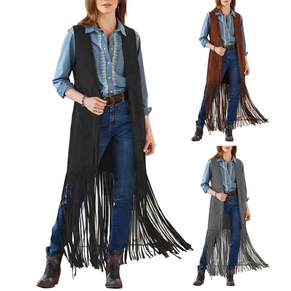 Women Vest Fringe Long Tassel Open Front Sleeveless Loose 70s Cardigan Solid Color Patch Pocket Cowboy Cosplay Waistcoat 240813