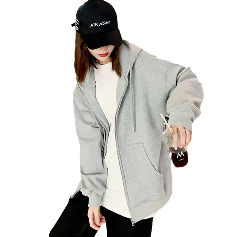 Sweatshirt Spring and Fall Hooded Cardigan with Womens Large Size Students Casual Loose Thin Zipper Simple Jacket 240812