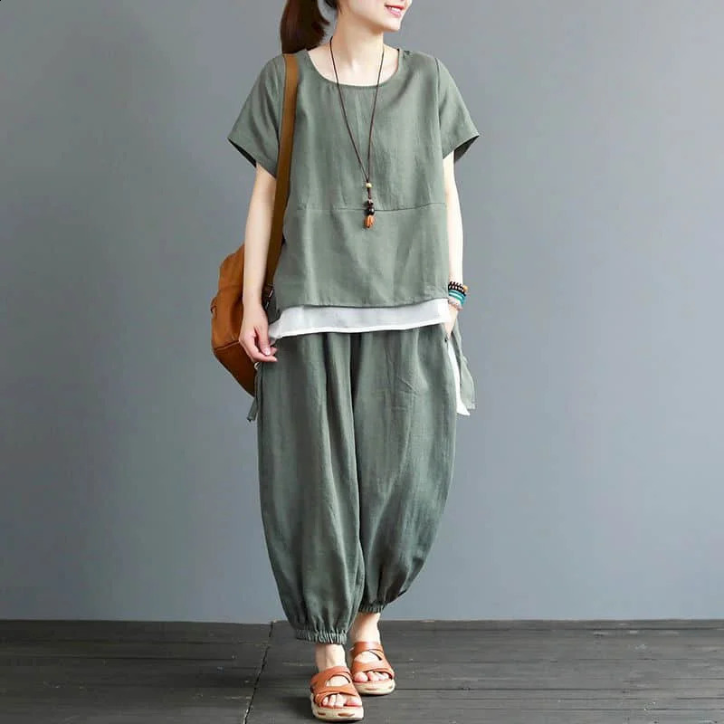 Cotton Linen Pants Sets Oversized O-neck Short Sleeve T-shirt and Harem Pants Women Summer Vintage Casual Loose Two Piece Set 240813