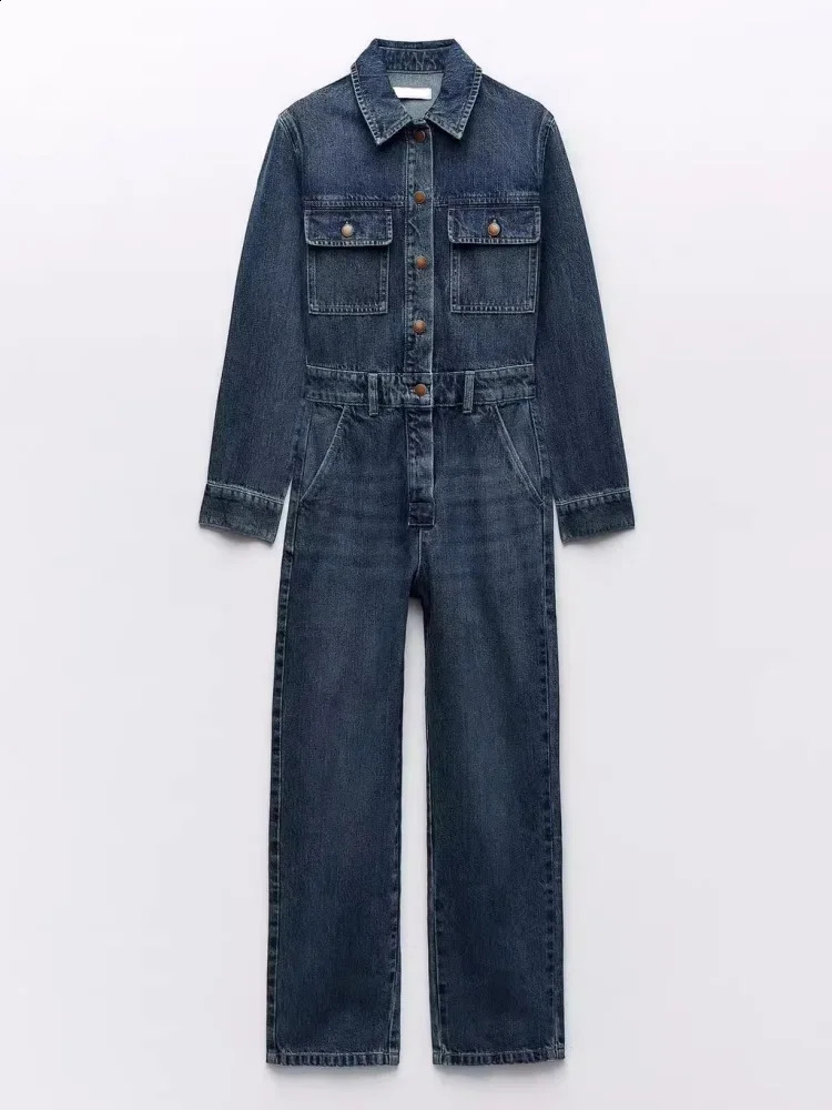 Womens Blue Lapel Long-Sleeved Jumpsuit with Stylish Front Pocket Embellishment Straight Leg Long Denim Jumpsuit 240813