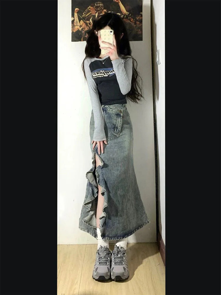 Womens Mermaid Skirt Clothes Blue Skirt Harajuku Korean Casual Chic Fashion Vintage A-Line Denim Skirt Split Hem Coquette 240812