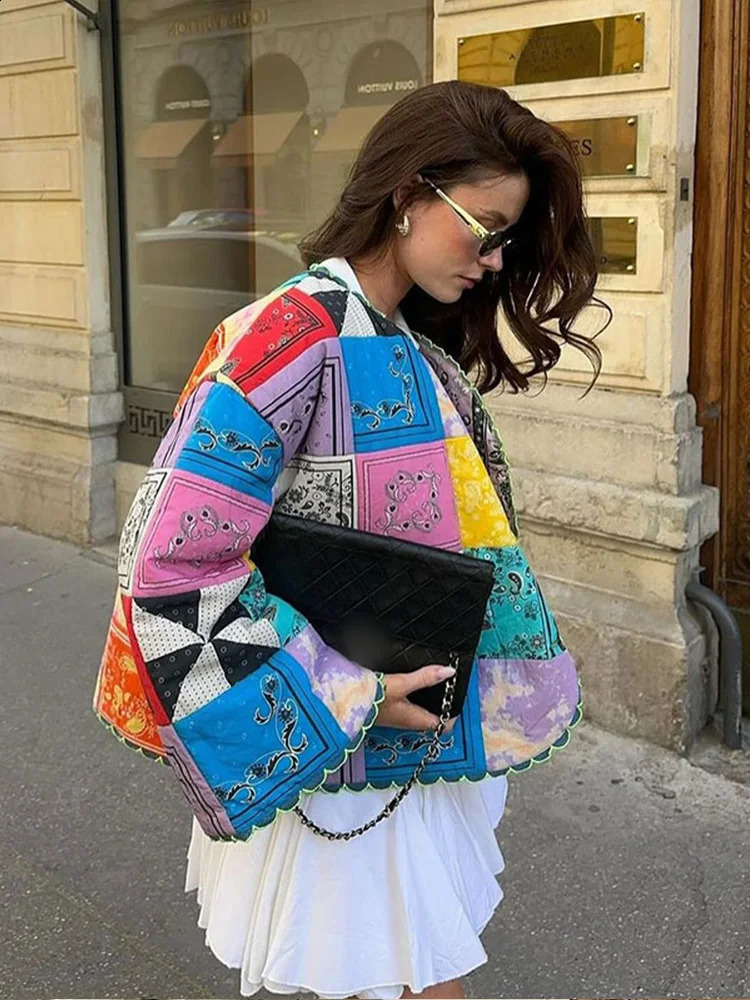 2024 Floral Printed Cotton Jacket For Women Long Sleeve Patchwork Contrasting Colors Causal Coat Autumn Winter Lady Outwears 240812