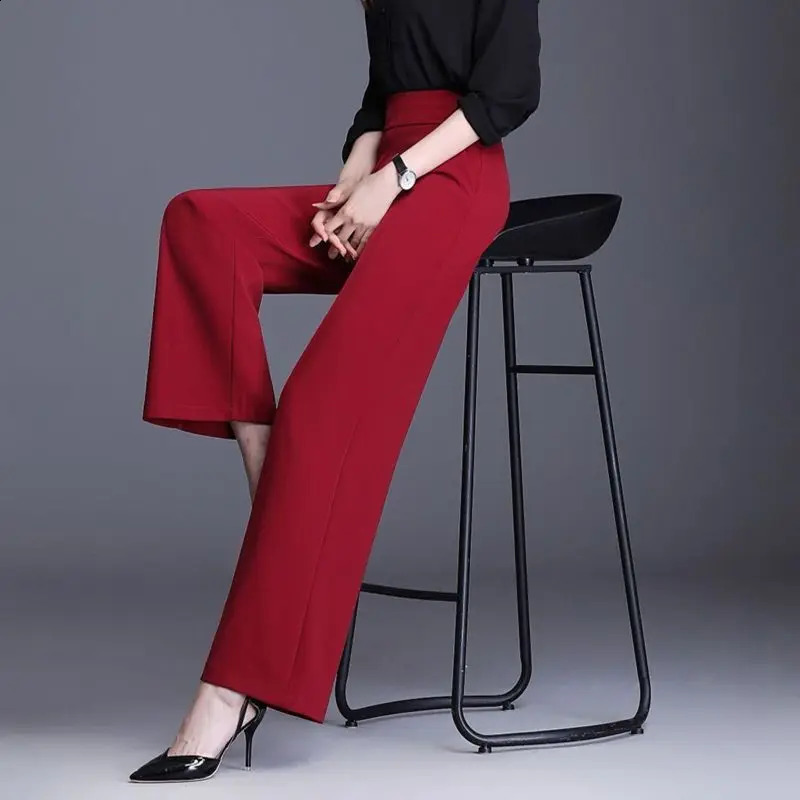 Spring and Autumn Womens Solid Color Elastic High Waist Wide Leg Loose Fit Straight Leg Long Fashion Elegant Pants 240812