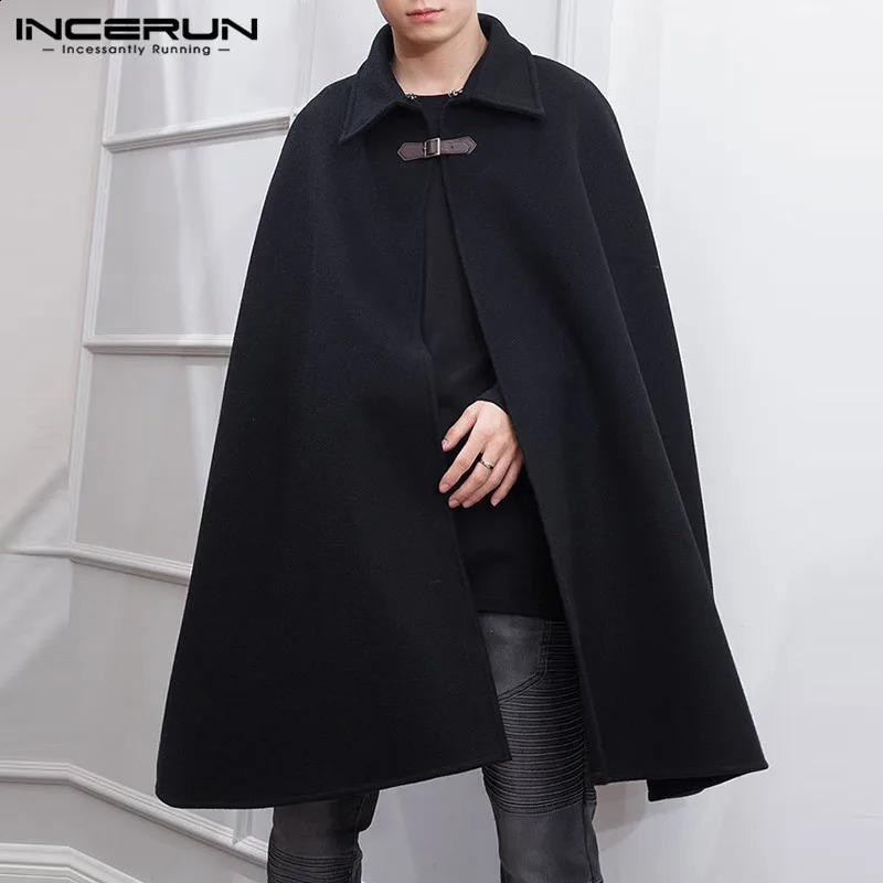 INCERUN Mens Cloak Coat Solid Color Single Button Collar Cape Town Street Wear Winter Artificial Blended Jacket 240812