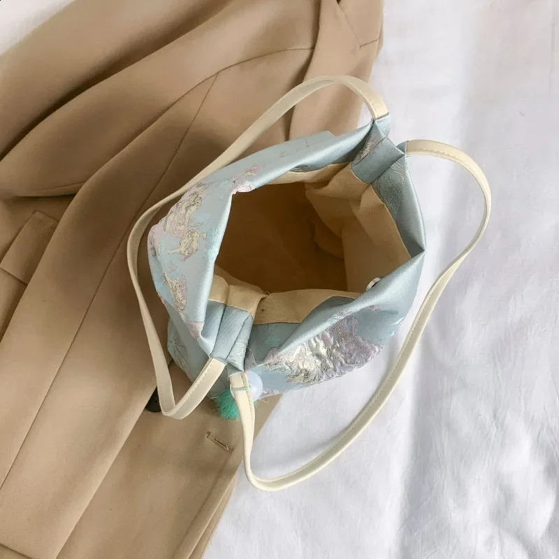 Chinese style floral embroidery bucket handbag for women Han Fu paired with butterfly PU strap satin shoulder bag 240813