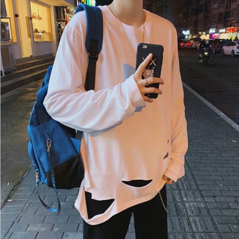 Men Long Sleeve T-shirts Holes Ripped Chic Solid Vintage Leisure Plus Size 3XL Ins Tees Fashion Korean Style All-match Harajuku 240812