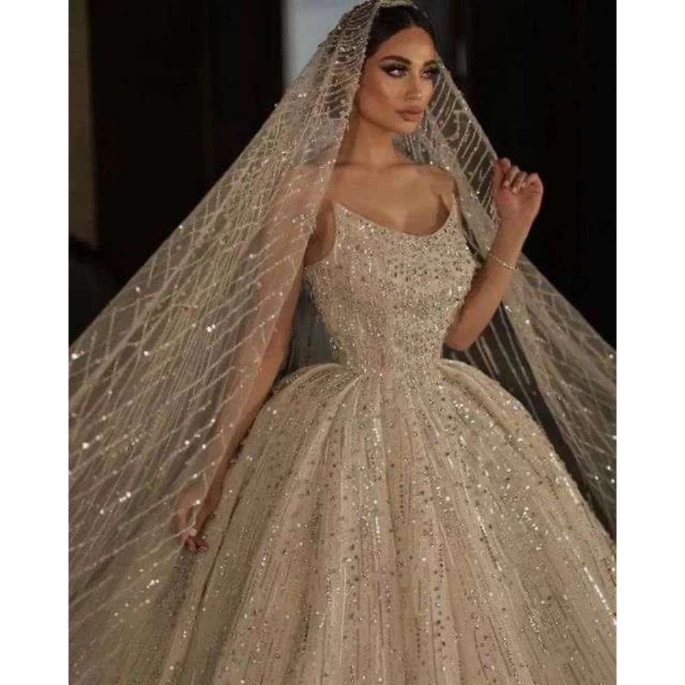 Ball Gown Wedding Dresses Include Vail Sequins Crystals Lace Bridal Gowns Brush Train Big Custom Size Colour