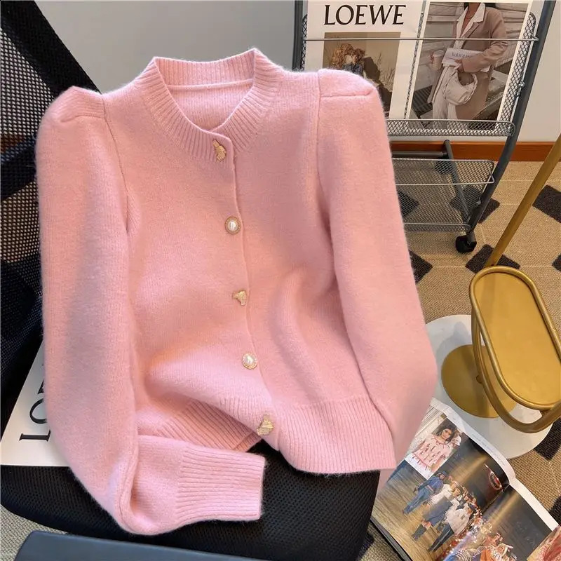 Knitted Cardigan womens Autumn Winter Korean Loose Solid Color Round Neck Sweater Coat Fashion Elegant Cardigans 240813