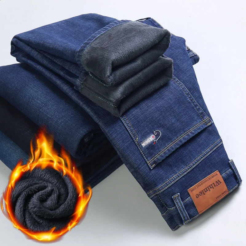 Vintage Thermal Trouser Business Mens Warm Fleece Jeans Winter Thick Velvet Pants Classic Daily Elastic Cotton Denim 240823