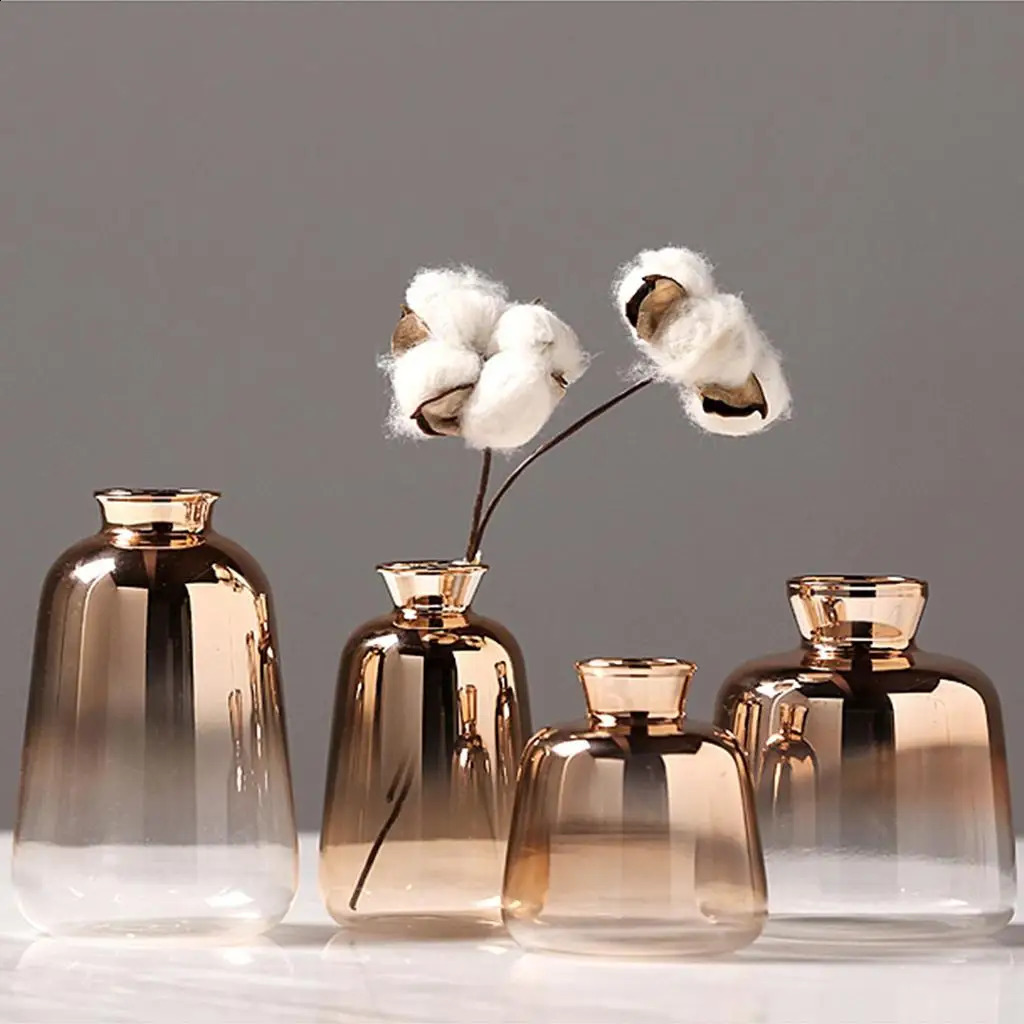 Decorative Glass Flower Gold Bottle Transparent Pot Planter Tabletop Vase for Home Garden Wedding Office Decoration 240812 - view 5