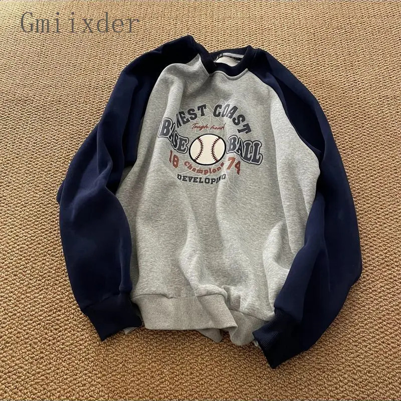 Gmiixder American Retro T-shirt Baseball Patchwork O-neck Shirt Men Women Classic Sweatshirt Unisex Long Sleeve Patchwork Top 240812
