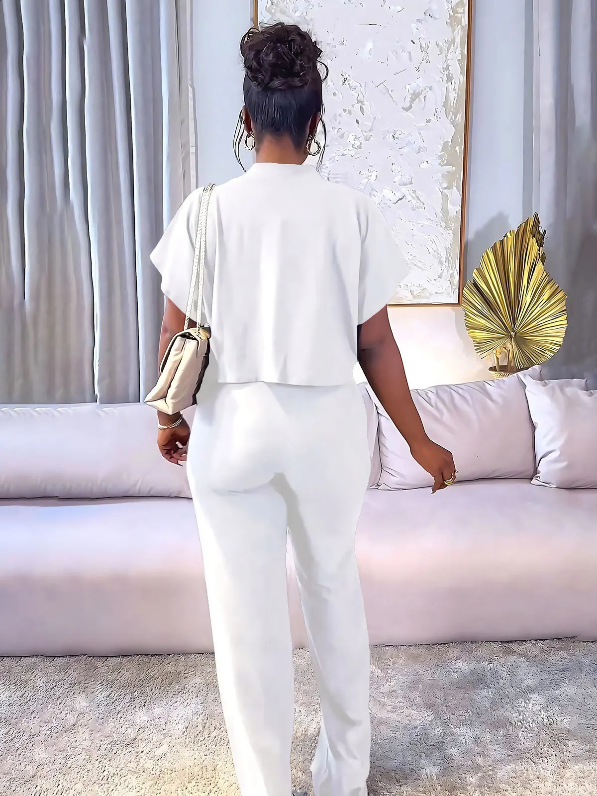 White Short Sleeve Shirt Tops Casual Wide Leg Pants Short Cardigan Top Solid Color Straight Pants Women Two-Piece Sets Outfits 240819