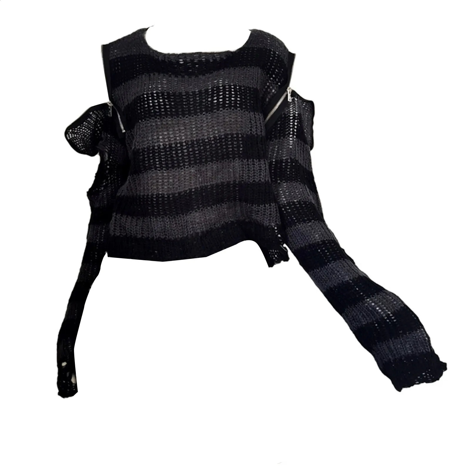Women Gothic Tops Hollow Out Off Shoulder See-Through Sexy Sweater Punk Zipper Up Halloween Clothes Cool Girls O-Neck Pullover 240812