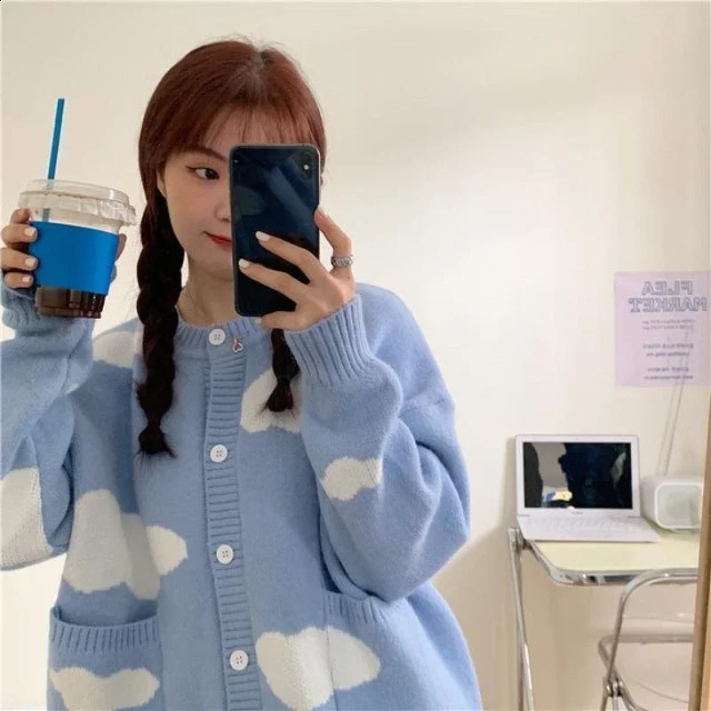 Korean Sweet Blue Sky Cloud Y2k Cardigan Women Preppy Style Loose Knitted Sweaters Coats O Neck Fashion Pockets Pull Femme 240812