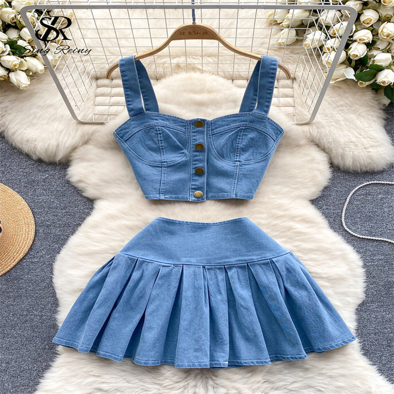 SINGREINY Female Chic Retro Suits Strap Button Elasticity Short TankPleated Mini Skirt Fashion sweet Denim Two Pieces Set 240812