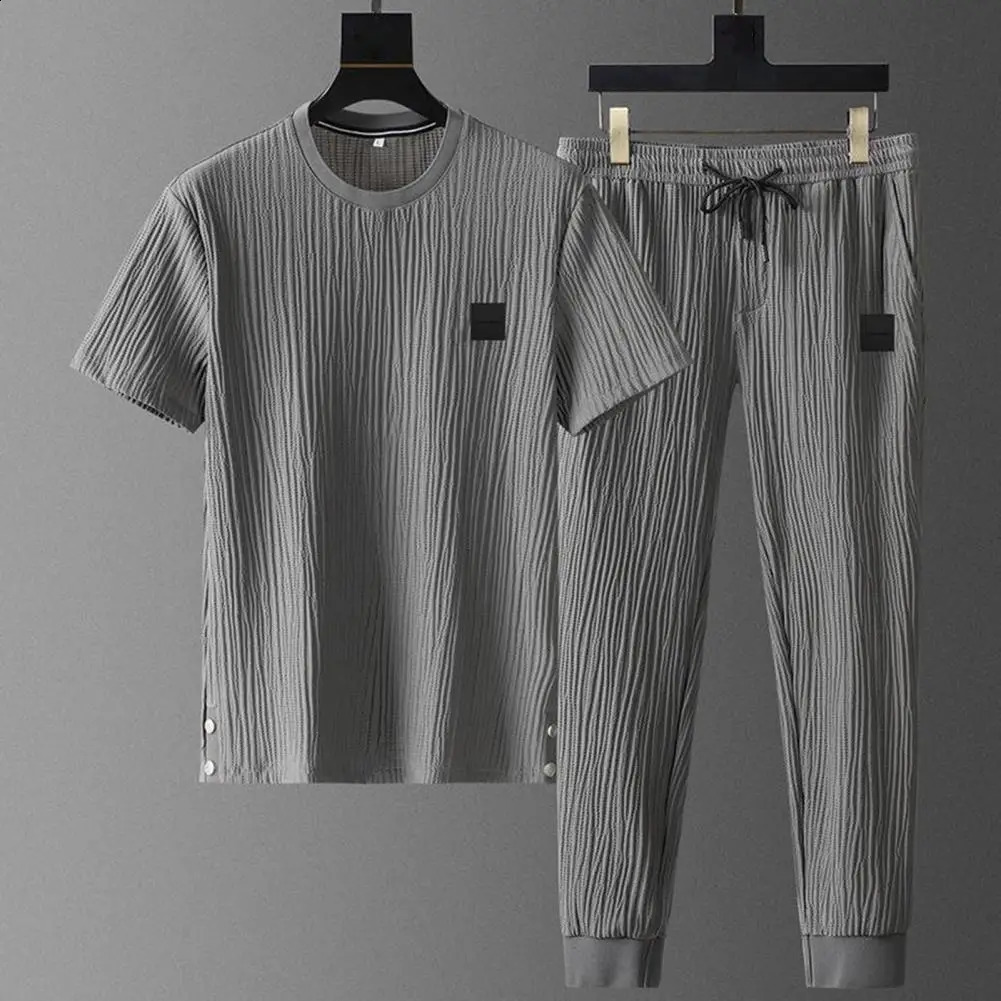 Summer Men Pleated Shirt Pants Two-pieces Set Thin Soft Breathable Tracksuit Casual Sports Suit For Daily Wear 240813