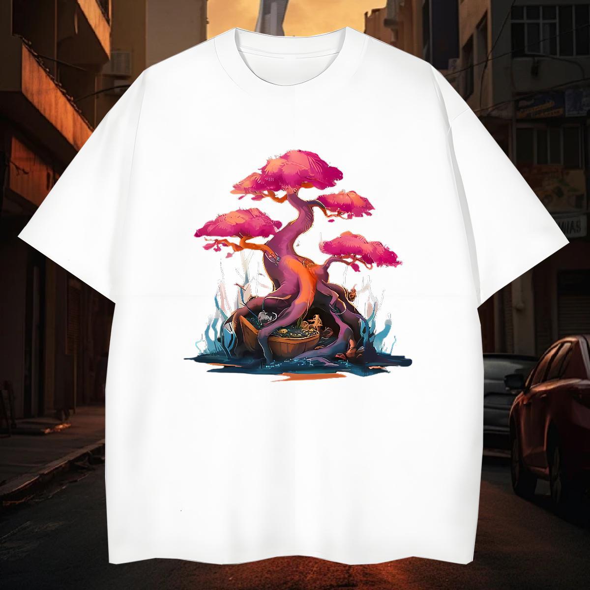 T-Shirts for Men 230g 100% Cotton tree Anime Printing Street Pure Cotton Oversized 3XL 4XL Men Clothes T-Shirt 2024 Cool Design Tees
