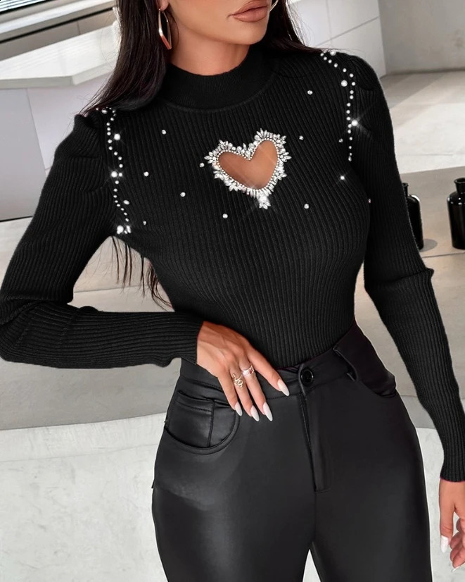 Tops for Women Winter Blouse Casual Solid Color Rhinestone Hollow Heart Knit Long Sleeve Pullover Skinny Sweater for Women 240813