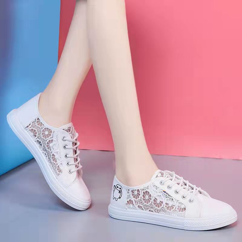 Ddmysports Summer New Lace Breathable White Women S Korean Edition Student Mesh Canvas Flat Plate Shoes Outdoor