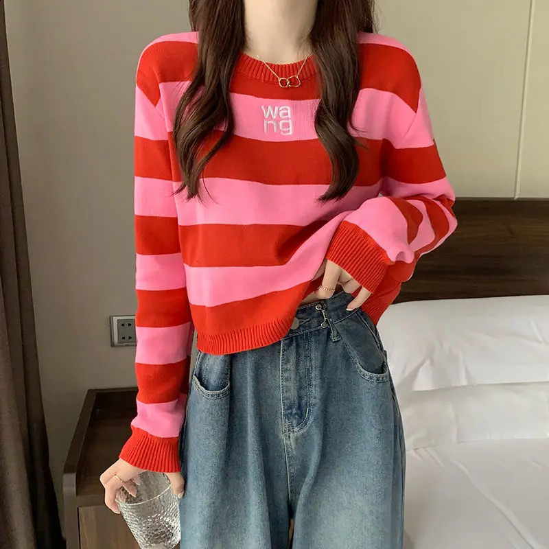 Preppy Style Autumn Winter Sweaters Womens Round Neck Striped Letter Contrast Color Fashion Loose Long Sleeve Knitted Tops 240812