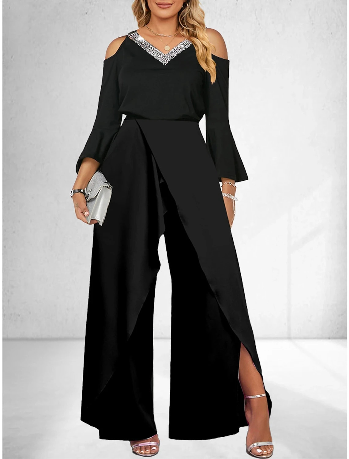 Womens Sequin Solid V Neck Business Elegant Wide Leg Loose Sleeve Bell Sleeve Jumpsuit 240813