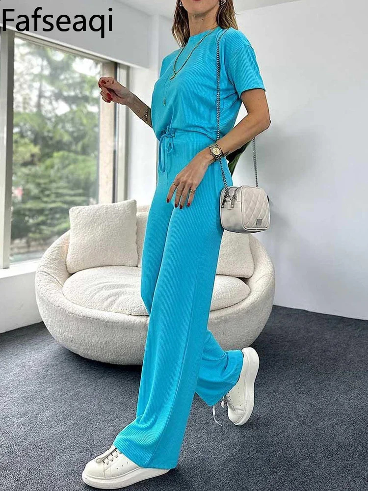 2024 Spring Womens Sports Suit Blue Short Sleeve T-shirt Tracksuit Two-piece Set Sagging Wide Leg Trouser Home Suit for Womens 240813