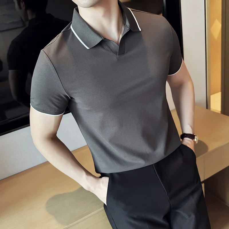 Business Casual Solid Color Mens Polo Shirt 2024 Summer Classic Men Short Sleeve V-neck T-shirt Slim Fit Spliced Polo 4XL-M 240813