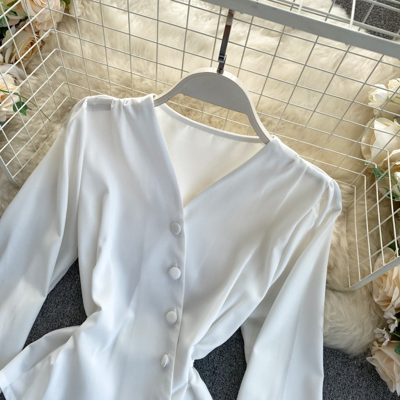 Blouse design sense niche diagonal open breasted buckle tied waist slimming irregular bubble sleeve top for women