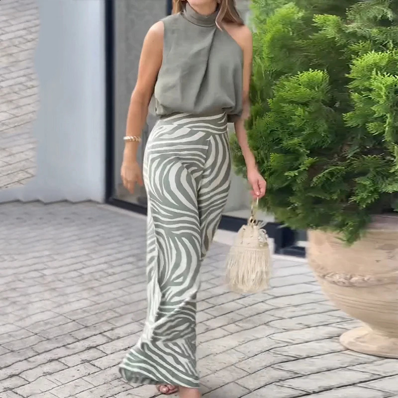 Wefads Women Two Piece Set Summer Casual Solid Halter Neck Sleeveless Irregular Top Printed Loose With Pockets Panst Sets 240813