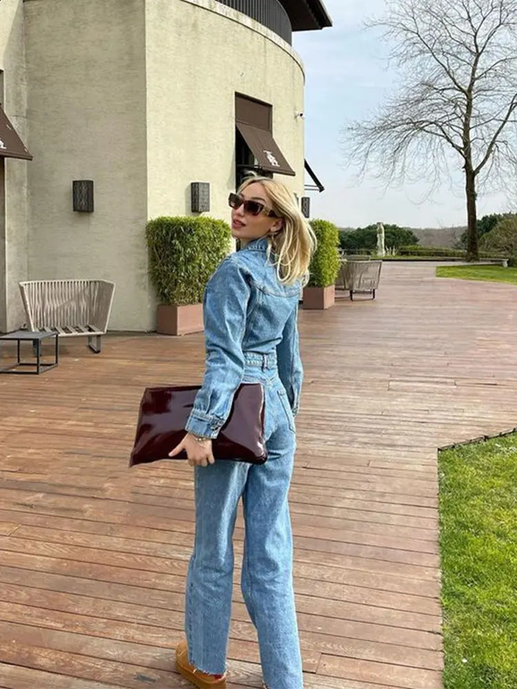Women Y2k Denim Jumpsuit Long Sleeve Elegant Jumpsuits Female Lapel Jeans Overalls Streetwear Summer Office Lady Romper 240813