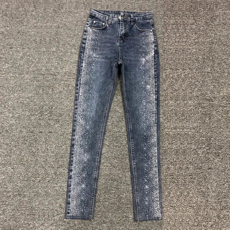 Fashion Rhinestone Jeans Female Spring And Summer Korean Version Of High Waist Slim Elastic Feet Pants Pencil Pants 240813