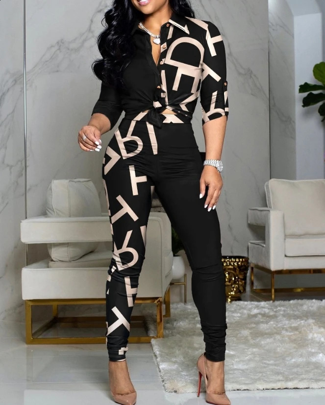 Female Casual Clothing Letter Print Colorblock Knotted Top High Waist Pants Set Commuting Womens Fashion Two Piece Outfits 240813