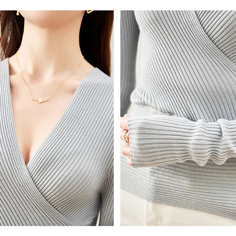 Sexy deep Vneck sweater womens ultrathin bottom large elastic knitted ribbed cotton long sleeved top 240812