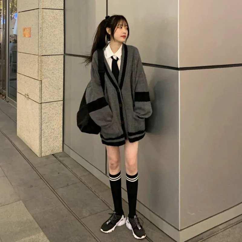Lucyever Preppy Style Knit Sweater Women Single Breasted V-Neck Warm Cardigan Woman Patchwork Grey Long Sleeve Sweaters Coat 240812