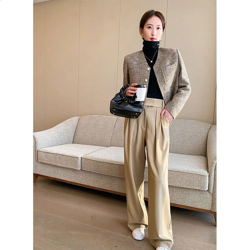 Vintage Cropped Tweed Jacket Women Elegant Short Blazer Autumn Korean Single-Breasted All Match Casual Chic Outerwear Tops 240812