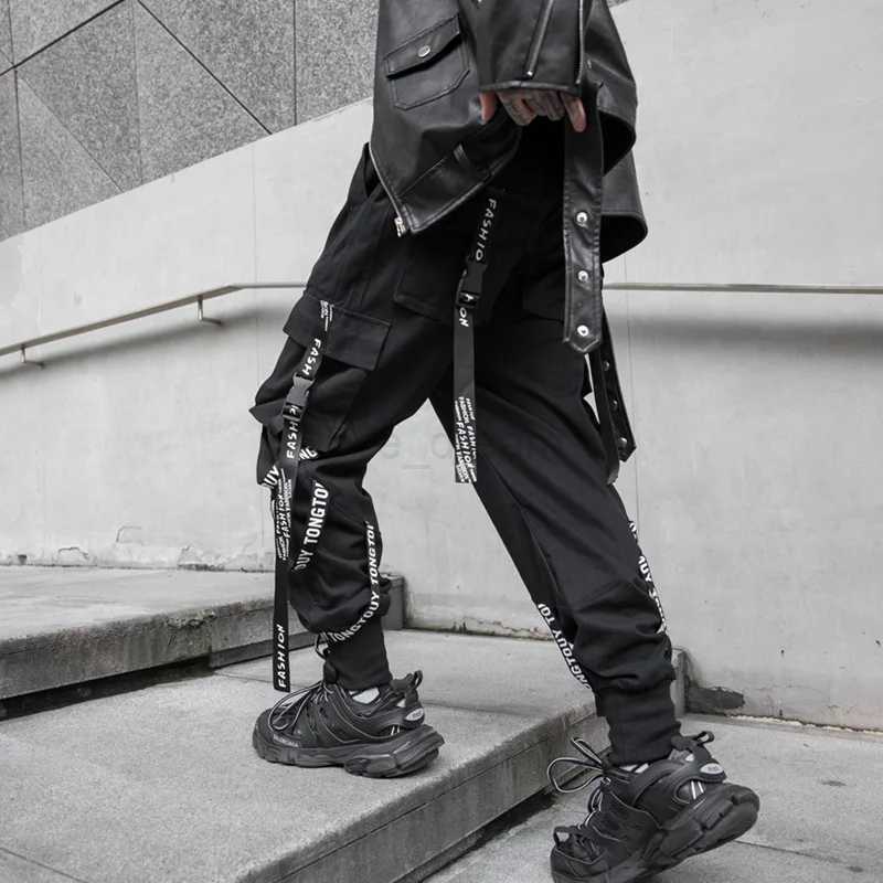 HOUZHOU Black Cargo Pants Men Joggers Cargo Trousers for Men Jogging Japanese Streetwear Hip Hop Hippie Techwear Gothic RibbonXJ240813