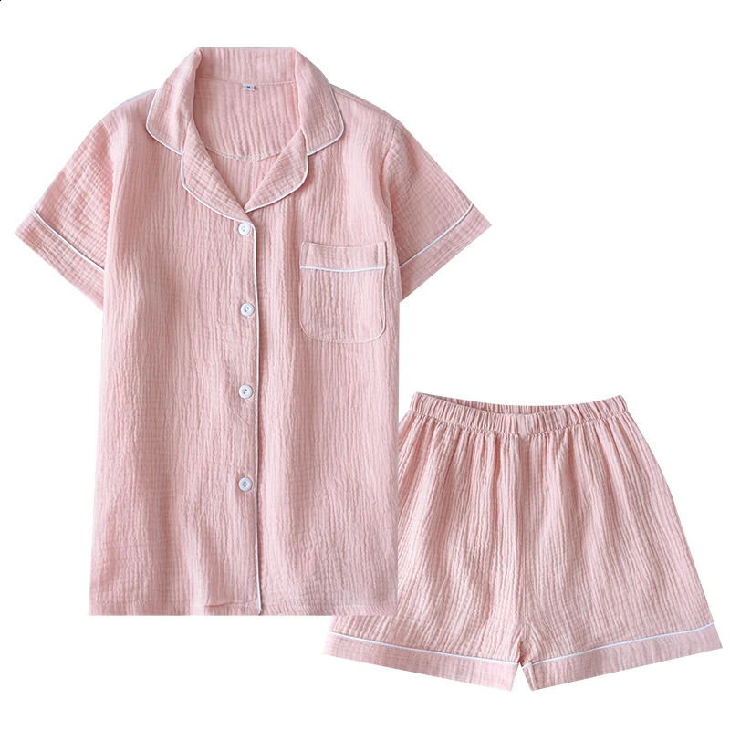 Summer Cotton Crepe Short-sleeved Shorts Pyjamas Women Solid Thin Sexy Pajamas Loungewear Sleepwear Pink Home Couple Pijamas 240813