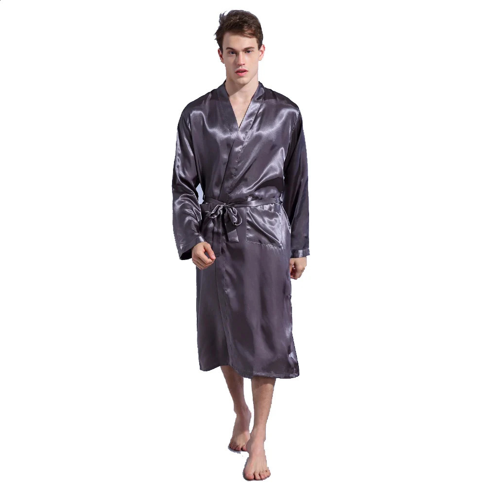 Chinese Mens Wine Red Satin Robe With Belt Kimono Bathrobe Gown Nightgown Sleepwear Home Leisure Pajamas S M L XL XXL D202-10 240812