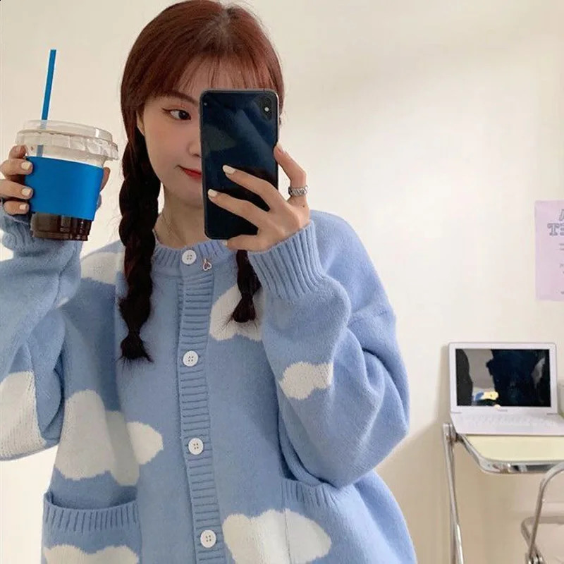 Sweet Clouds Sweater Coat Women Preppy Style Button Long Sleeve Knitted Cardigans Woman Autumn Winter O-Neck Loose Cardigan 240812