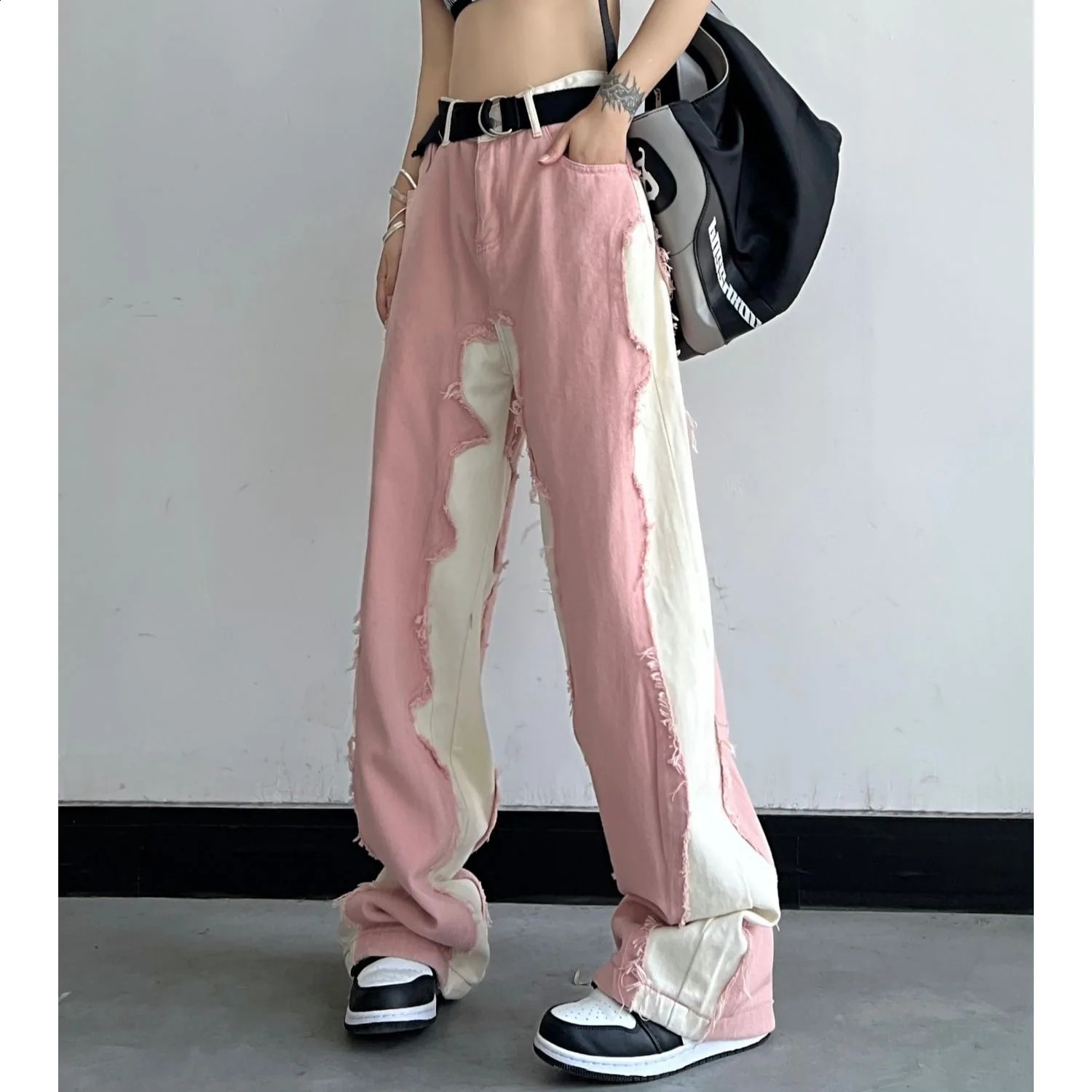 Y2k Vintage Women Splicing Jeans Streetwear Fashion Cootrast Color Pants Oversize Loose Casual Straight Wide Leg Trousers 240813