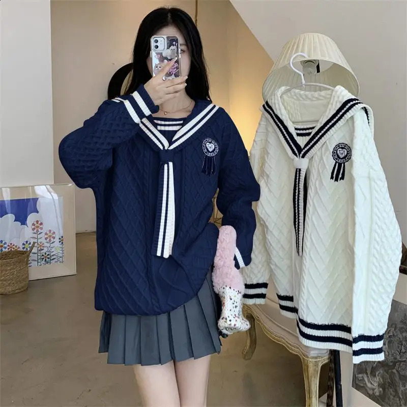 Women Autumn Winter Preppy Style Sweater Pullovers Arrival Korean Sailor Collar Long Knitted Tops Sweet Pink Knitwear 240812